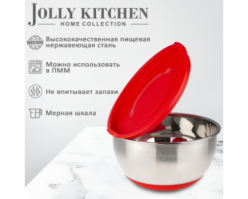 Миска Jolly Kitchen нержавеющая сталь 0,5 мм с пл.крышкой красная диам. 26 см