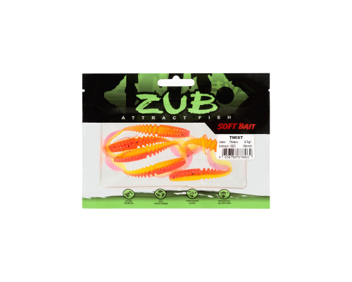Приманка ZUB-TWIST  75мм(3")-6шт, (цвет 023) розовый верх - желтый низ