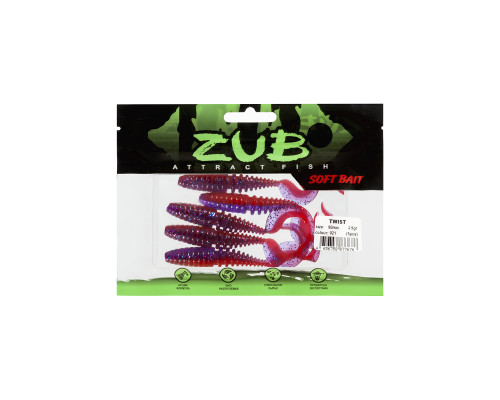 Приманка ZUB-TWIST  90мм(3,5")-5шт, (цвет 021) фиолетовый верх-красный низ
