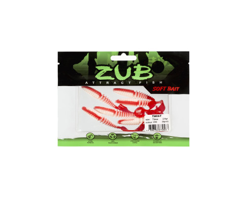 Приманка ZUB-TWIST  75мм(3")-6шт, (цвет 010) белое тело-красный хвост
