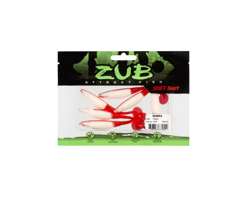 Приманка ZUB-WIBRA 75мм(3")-6шт, (цвет 010) белое тело-красный хвост