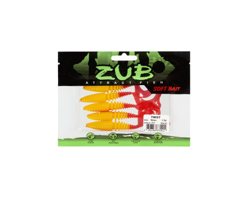 Приманка ZUB-TWIST 100мм(4")-4шт, (цвет 011) желтое тело-красный хвост