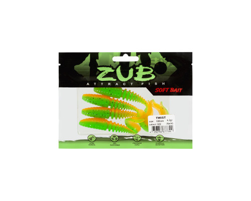 Приманка ZUB-TWIST 100мм(4")-4шт, (цвет 022) зеленый верх -оранжевый низ