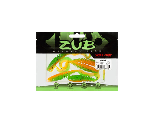 Приманка ZUB-TWIST  90мм(3,5")-5шт, (цвет 022) зеленый верх-оранжевый низ
