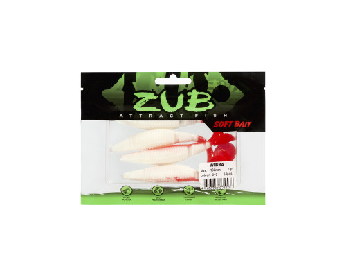 Приманка ZUB-WIBRA 100мм(4")-4шт, (цвет 010) белое тело-красный хвост