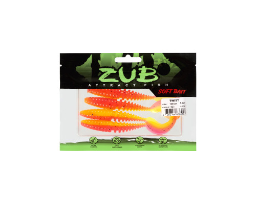 Приманка ZUB-TWIST 100мм(4")-4шт, (цвет 023) розовый верх - желтый низ