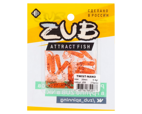 Приманка ZUB-TWIST-NANO  30мм(1,2")-15шт, (цвет 250) морковный с блестками