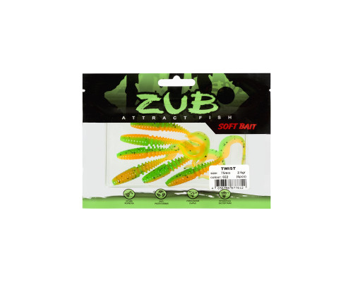 Приманка ZUB-TWIST  75мм(3")-6шт, (цвет 022) зеленый верх-оранжевый низ