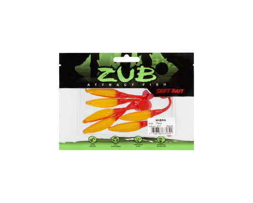 Приманка ZUB-WIBRA 75мм(3")-6шт, (цвет 011) желтое тело-красный хвост