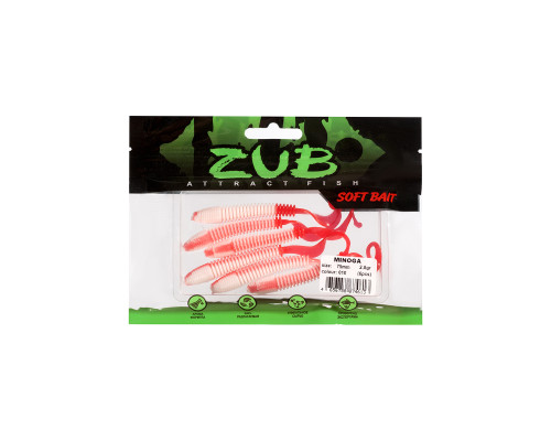 Приманка ZUB-MINOGA  75мм(3")-6шт, (цвет 010) белое тело-красный хвост