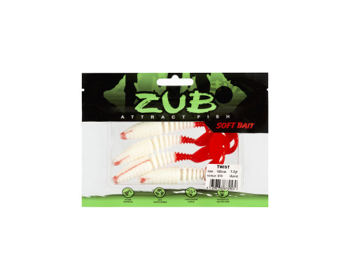 Приманка ZUB-TWIST 100мм(4")-4шт, (цвет 010) белое тело-красный хвост