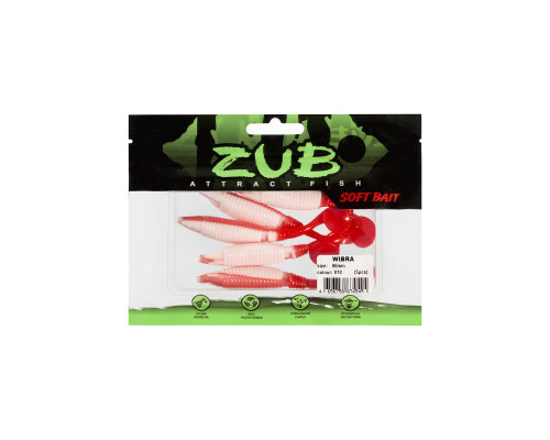 Приманка ZUB-WIBRA 90мм(3,5")-5шт, (цвет 010) белое тело-красный хвост