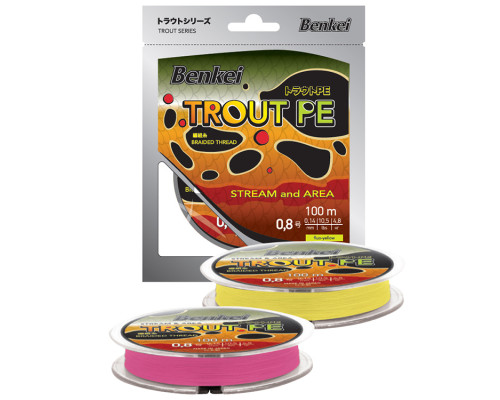 Шнур Benkei Trout PE 100m, желтый fluo #0,3 (0,09mm), 2,5kg