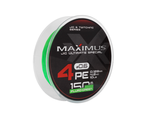 Шнур Maximus 4PE 150m, флюоресцентный зеленый #0.6 (0,128mm), 4,2kg